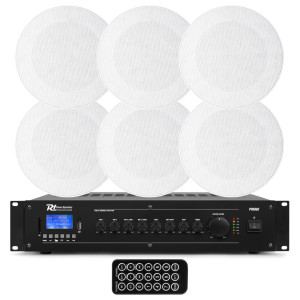 Zestaw białych głośników sufitowych 6 x 6" 100 V ze wzmacniaczem BT