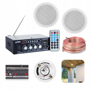 Zestaw sufitowy do domu biura: wzmacniacz 2x 25W 2x głośnik sufitowy pasywny+ okablowanie