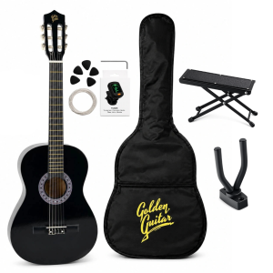 Zestaw: Gitara klasyczna 4/4 38" kolor czarny Golden Guitar+ akcesoria+ statyw+ podnóżek gitarowy