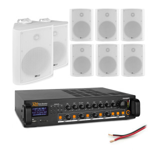 Zestaw białych głośników naściennych 8 x 6.5" BC65V z wzmacniaczem 4 strefowym