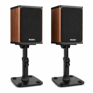 Zestaw aktywnych głośników półkowych ciemne drewno, bezprzewodowych ze statywami