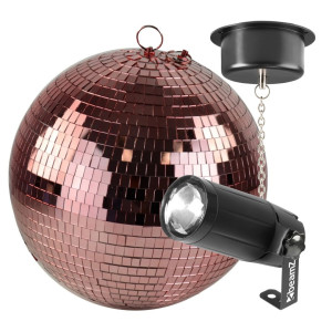 Zestaw: Kula lustrzana 30 cm różowo-złota + napęd sieciowy + reflektor pin-spot LED