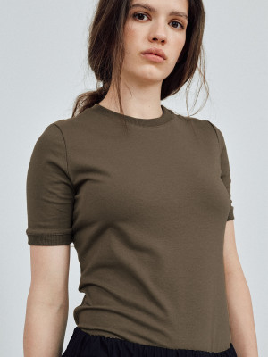 bluzka z dopasowanym rękawem BASIC khaki - XL
