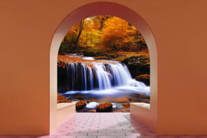 Fototapete Wasserfall Herbstwald, Bäume im Herbst, Herbstlaub, Laubwal