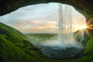 Fototapete Wasserfall Höhle, Grün, Landschaft, Sonnenaufgang, östlich