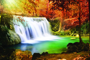 Fototapete Wasserfall Sonnenstrahlen, Sonne, Bäume im Herbst, Herbstla