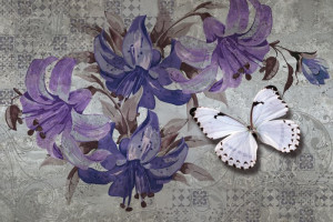 Fototapete Schmetterlinge Schmetterlinge, Blumen, violett, grauen Hint