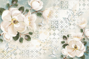 Fototapete Pfingstrosen Blumen, weißen Blüten, Blättern, Mosaik, Ornam
