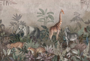 Fototapete Dschungel safari, Haustiere, Giraffe, Elefanten, palm