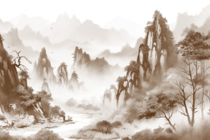 Fototapete Asien Berge, See, Nebel, Fluss, Wasser
