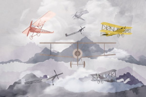 Fototapete Flugzeuge Landschaft, Berge, Flugzeug, Wasserfarbe, Wolken