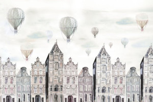 Fototapete Stil Stadt, Luftballons, Himmel, Wolken, Wasserfarbe