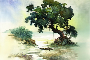 Fototapete Schiffe Baum, Laubbaum, abstraktes Aquarell, Wasserfarbe, A