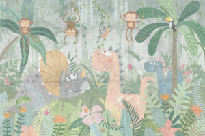 Fototapeta Zwierzęta dinozaury, palmy, liście, tropikalne, botaniczny