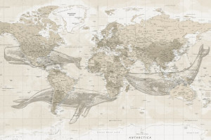 Fototapeta Ryby wieloryb, wieloryby, retro, mapa, mapa świata