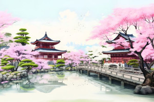 Fototapeta Kwiat wiśni Japonia, Azja, budowle, rzeka, jezioro