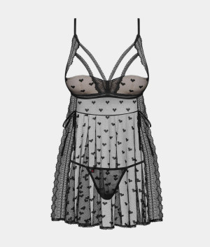 Obsessive Heartia koszulka babydoll i stringi w serduszka (czarna)