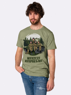 WIESZCZE NIESPOKOJNE / CZTEREJ PANCERNI / Koszulka Poetycka Śmieszna z Nadrukiem męska / khaki - Produkt z Poprawną Polszczyzną - NadWyraz