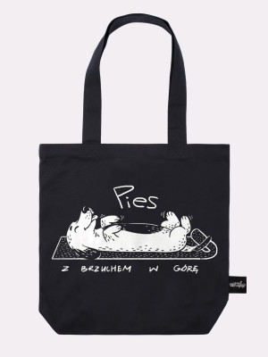 PIES Z BRZUCHEM W GÓRĘ / torba bawełniana / czarna