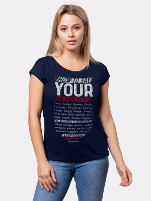 HOW TO SAY YOUR IN POLISH? / Koszulka Poetycka Śmieszna z Nadrukiem damska / granatowa - Produkt z Poprawną Polszczyzną - NadWyraz