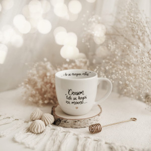 Biały kubek porcelanowy 300 ml - złote serce i cytat o miłości dla drugiej połówki na walentynki