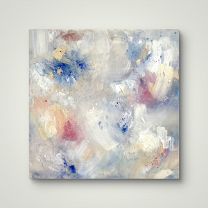 In the flow II 40x40 - obraz abstrakcja, obraz ręcznie malowany, kolorowy, pastelowy, odcienie błekitu, bieli i różu