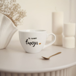 Biały Kubek Porcelanowy 500 ml - Napis Na Zawsze Twoja ze Złotym Sercem dla Partnerki na Walentynki