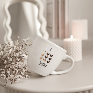 Biały Kubek Porcelanowy 300 ml - Napis I Love You ze Złotymi Sercami dla Zakochanych na Walentynki