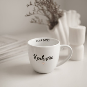 Biały Kubek Porcelanowy 300 ml - Napis Dzień Dobry Kochanie ze Złotym Sercem dla Ukochanej Osoby na Rocznicę