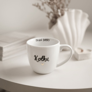 Biały Kubek Porcelanowy 300 ml - Napis Dzień Dobry Kotku ze Złotym Sercem dla Partnerki na Rocznicę