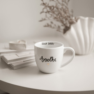 Biały Kubek Porcelanowy 300 ml - Napis Dzień Dobry Aniołku ze Złotym Sercem dla Ukochanej Osoby na Rocznicę