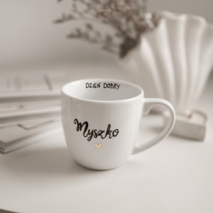 Biały Kubek Porcelanowy 300 ml - Napis Dzień Dobry Myszko ze Złotym Sercem dla Partnerki na Rocznicę