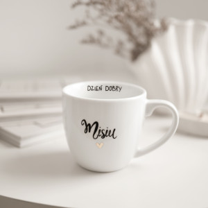 Biały Kubek Porcelanowy 300 ml - Napis Dzień Dobry Misiu ze Złotym Sercem dla Partnera na Rocznicę