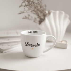 Biały Kubek Porcelanowy 300 ml - Napis Dzień Dobry Słoneczko ze Złotym Sercem dla Partnerki na Rocznicę