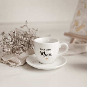 Biała Filiżanka Porcelanowa Espresso ze Spodkiem 100 ml - Napis Dzień Dobry Mężu ze Złotym Sercem dla Męża na Rocznicę Ślubu