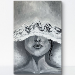 Górska Cisza 80x120  - obraz abstrakcja, kobieta z głową w górach, ręcznie malowany, czarno-biały