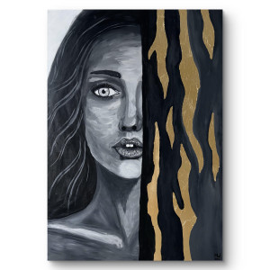 Niewypowiedziane 70x100  - obraz ze złotem, abstrakcja, nowoczesny portret kobiety, ręcznie malowany