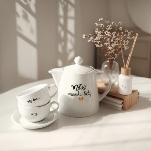 Zestaw biały porcelanowy dzbanek 1 litr i 2 filiżanki porcelanowe 250 ml ze spodkami - motyw złotego serca z napisami Miłość mieszka tutaj oraz Mój dom to Ty dla pary na parapetówkę