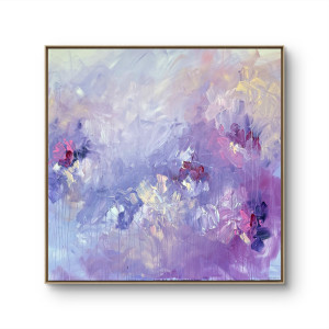 Kwiaty o świcie 130x130 - pastelowy, kolorowy obraz do salonu, sypialni, nowoczesny obraz na ścianę, dekoracja wnętrz, ręcznie malowany obraz abstrakcyjny na płótnie w odcieniach fioletu, róż