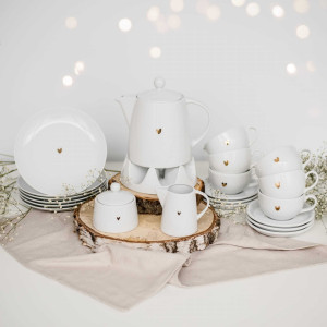 Biały zestaw deserowy porcelanowy dla 6 osób - motyw złotego serca na parapetówkę dla pary