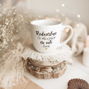 Biały kubek porcelanowy 300 ml - motyw złotego serca dla siostry lub brata na urodziny