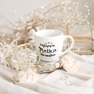 Biały Kubek Porcelanowy 300 ml - Motyw Złotego Serca i Napis Najlepsza Matka Chrzestna dla Matki Chrzestnej na Chrzest
