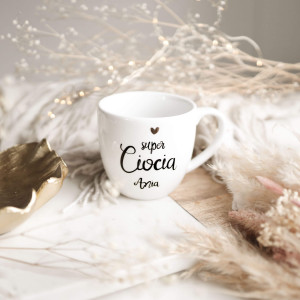 Biały Kubek Porcelanowy z Personalizacją 300 ml - Motyw Złotego Serca i Napis Super Ciocia z Imieniem dla Cioci na Każdą Okazję