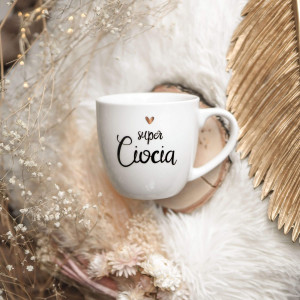 Biały Kubek Porcelanowy 300 ml - Napis Super Ciocia i Złote Serce dla Cioci na Urodziny
