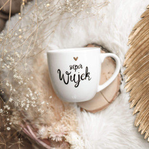 Biały kubek porcelanowy 300 ml - napis super wujek z motywem złotego serca na urodziny dla wujka