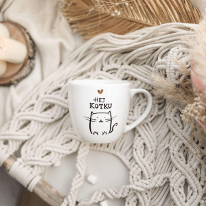 Biały kubek porcelanowy 300 ml - napis hej kotku ze złotym sercem dla ukochanej osoby na walentynki