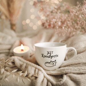 Biały kubek porcelanowy 500 ml - motyw kota dla kociary na urodziny