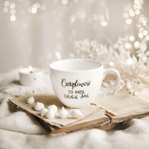 Biały kubek porcelanowy 500 ml - napis cierpliwość to moje drugie imię  dla cierpliwej osoby na urodziny