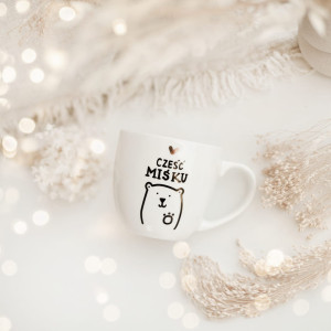 Biały kubek porcelanowy 300 ml - Złote serce i napis cześć miśku dla chłopaka na walentynki