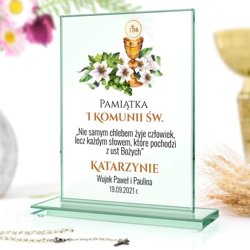 Szklana statuetka z nadrukiem na komunię dla dziewczynki - Hostia